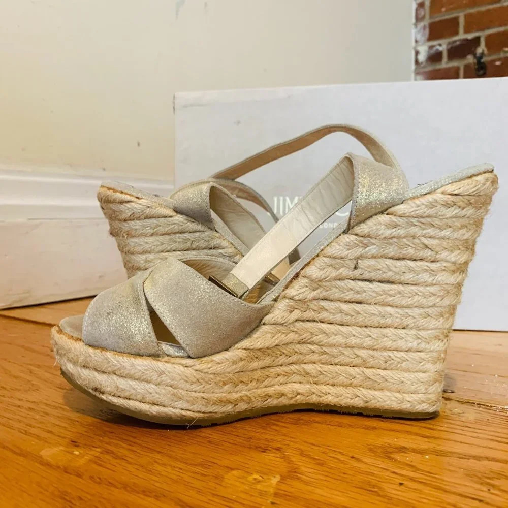 Jimmy Choo Espadrille Wedge Nude Beige Size 8.5 - Picture 15 of 16